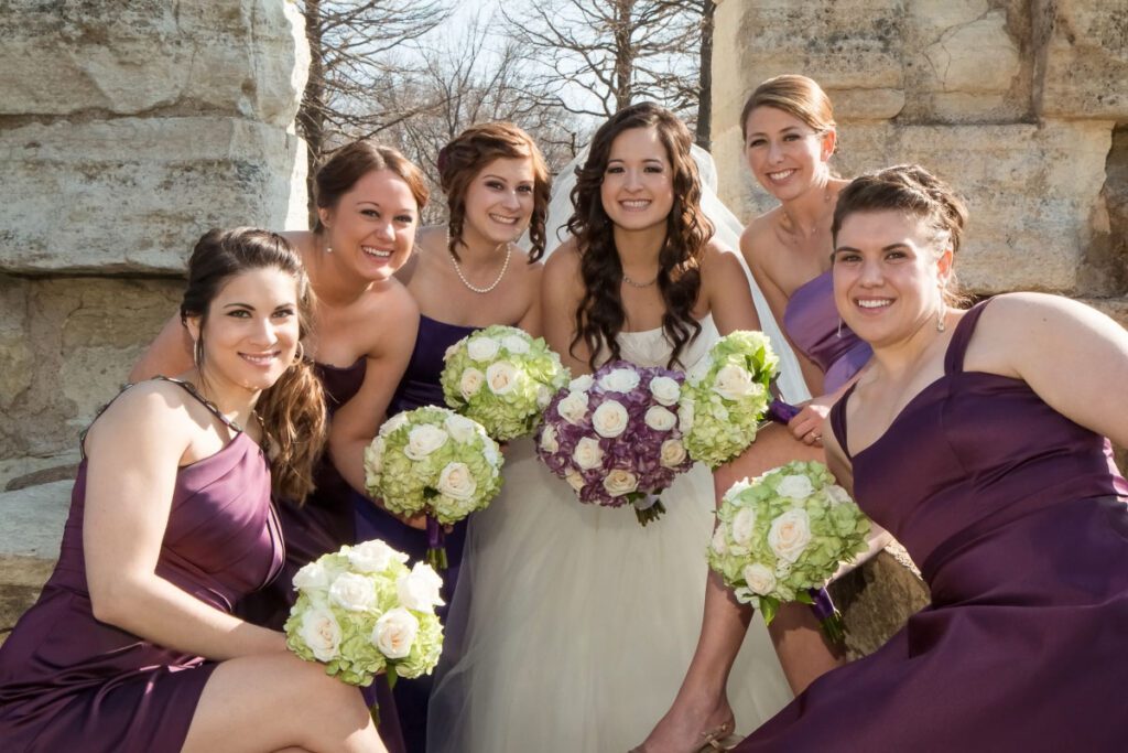 Sarah and her bridesmaids huddled close together