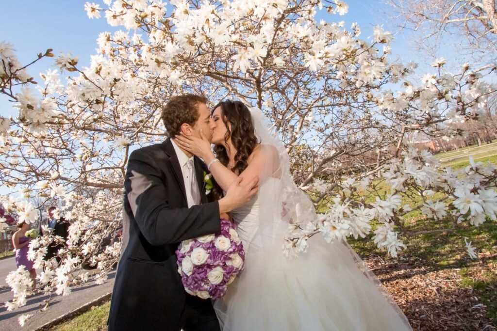 Sarah and Nathan kissing under a flowering tree