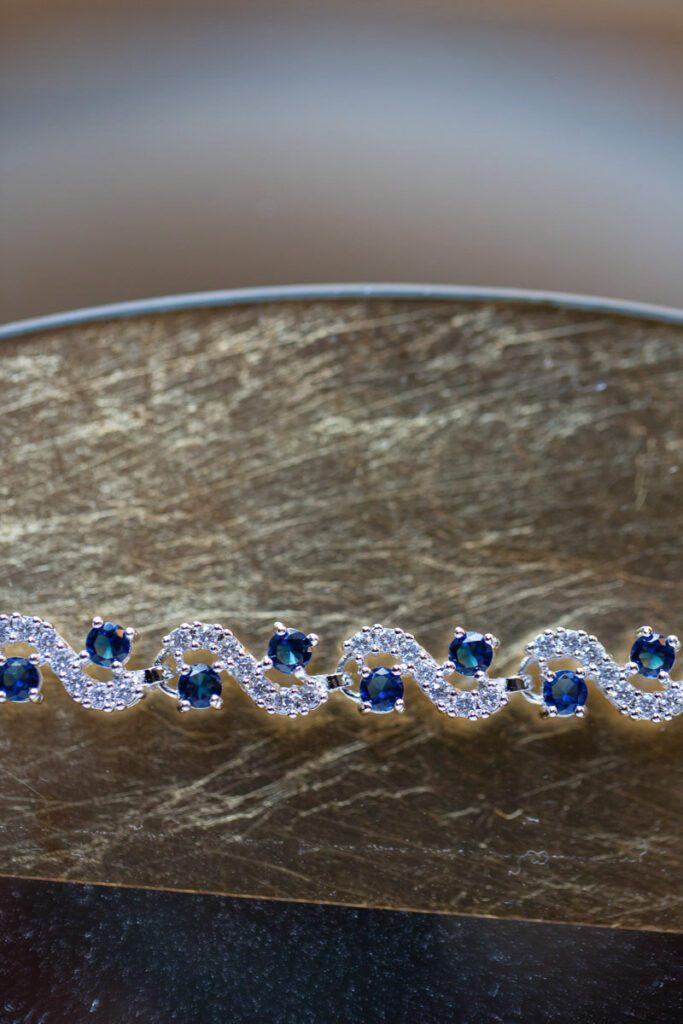 A silver jewelry with sapphires