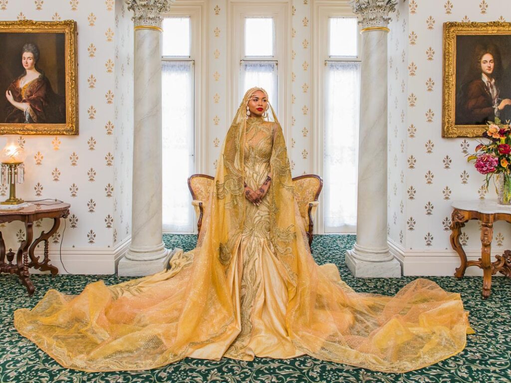 Samieh in her beautiful gold wedding dress