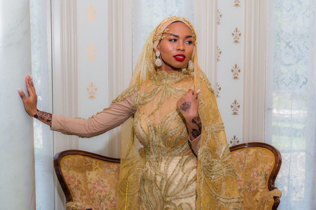 Samieh in her gold wedding dress
