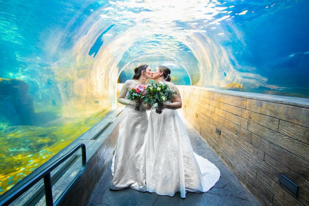 The brides kissing in an ocean aquarium walkway