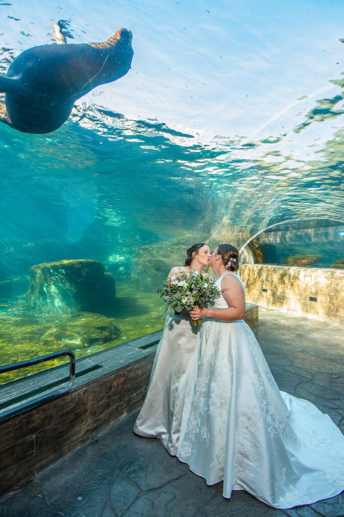 The brides kissing under an ocean aquarium
