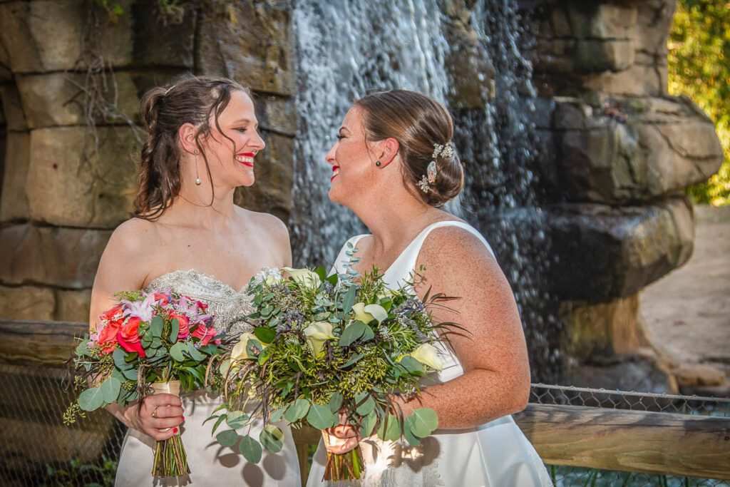 The brides near a waterfall feature