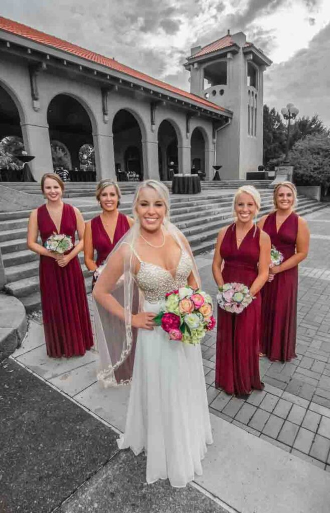 Kelley and her bridesmaids with a grayscale background