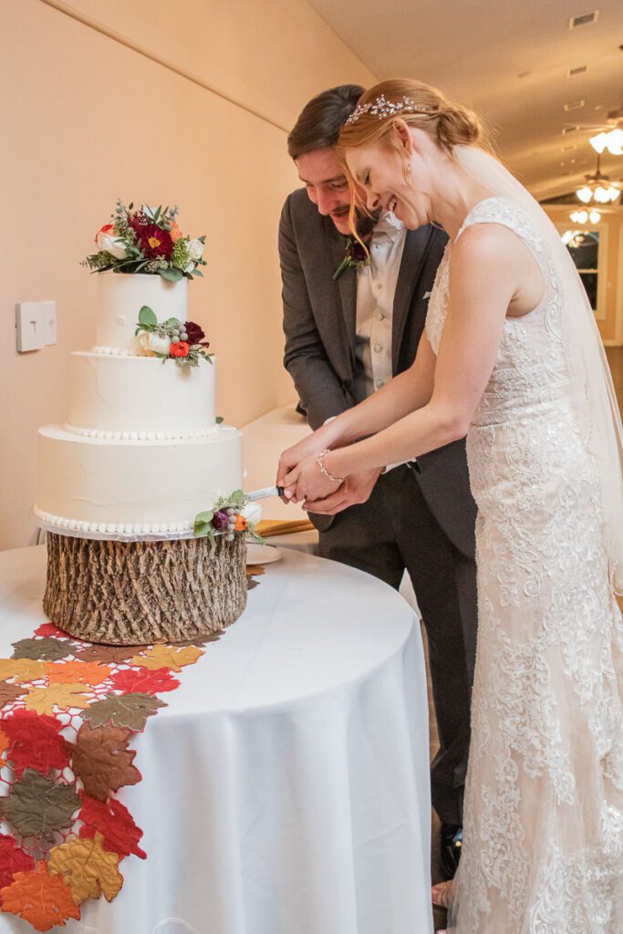 The bride and groom slicing the cake