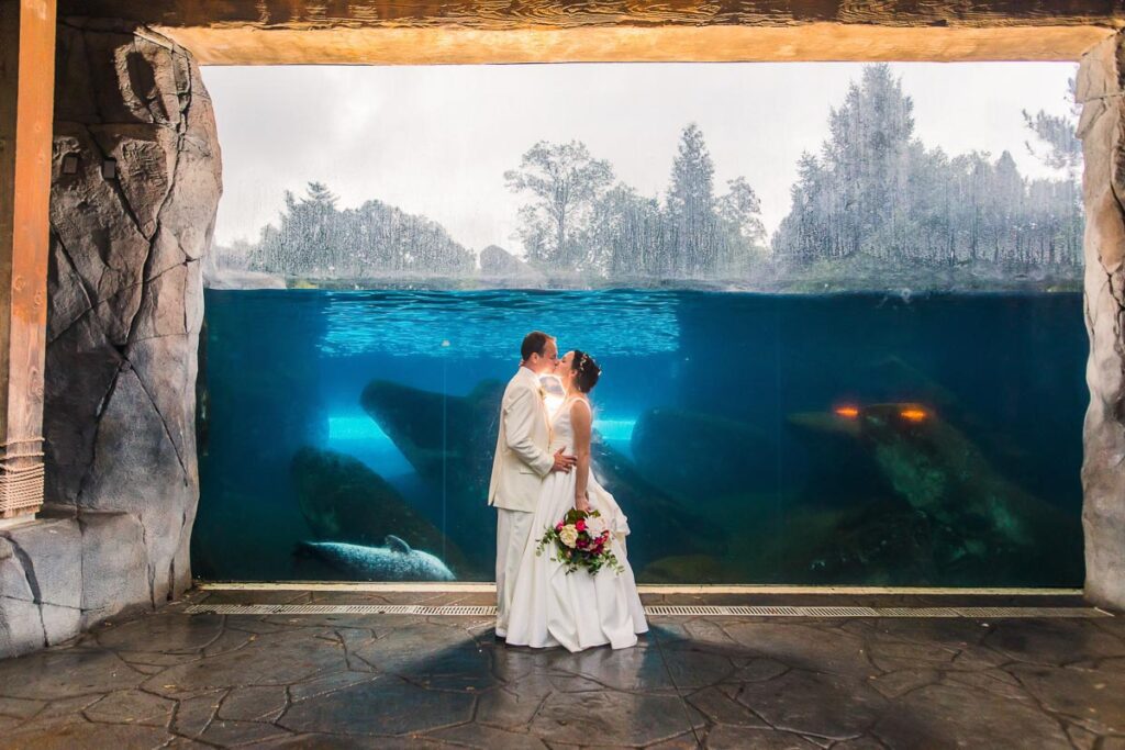 Ben and Claire kiss with an aquarium as the background