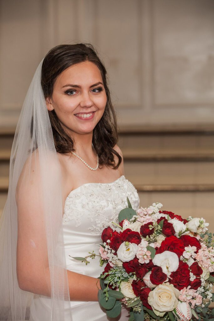 Rachel smiling in her wedding dress