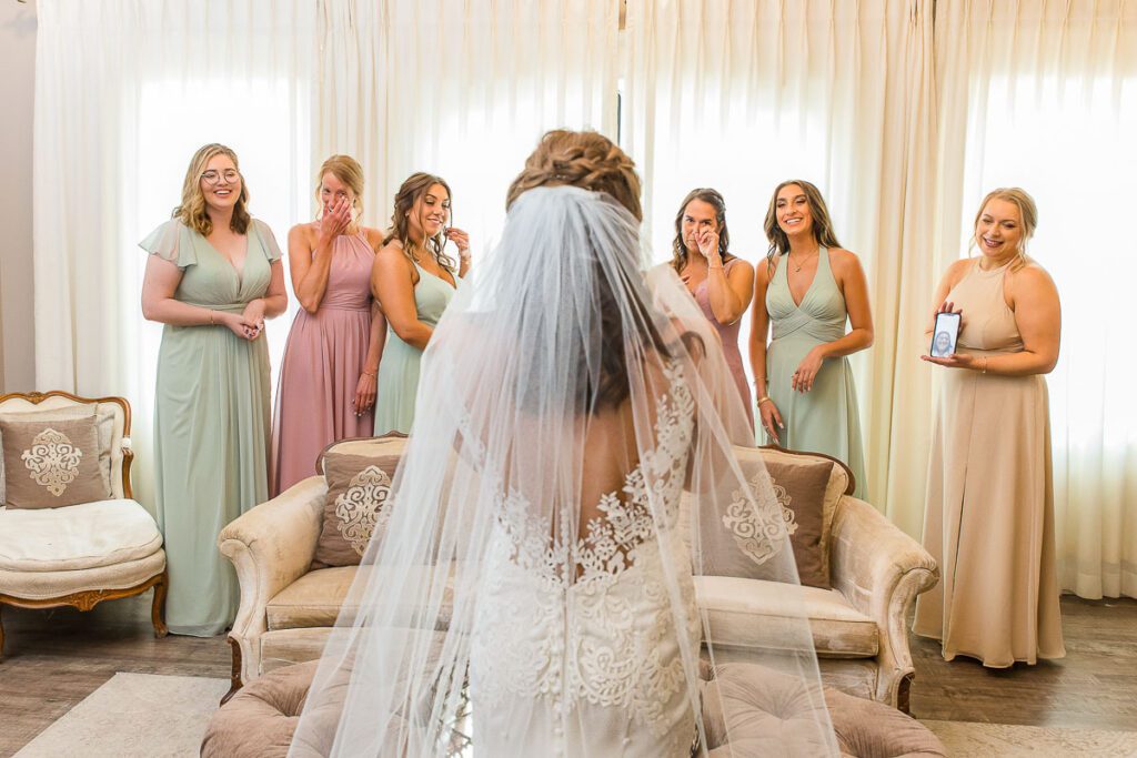 All Bridesmaid eyes filled with tears by looking at bride